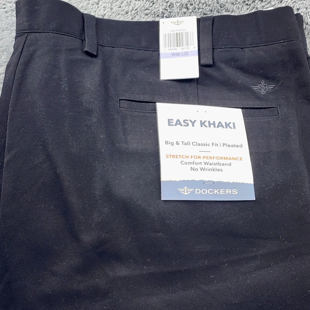 Dockers Pants Mens 48x32 Black Twill Easy Khaki Chino Classic Pleated Big & Tall
